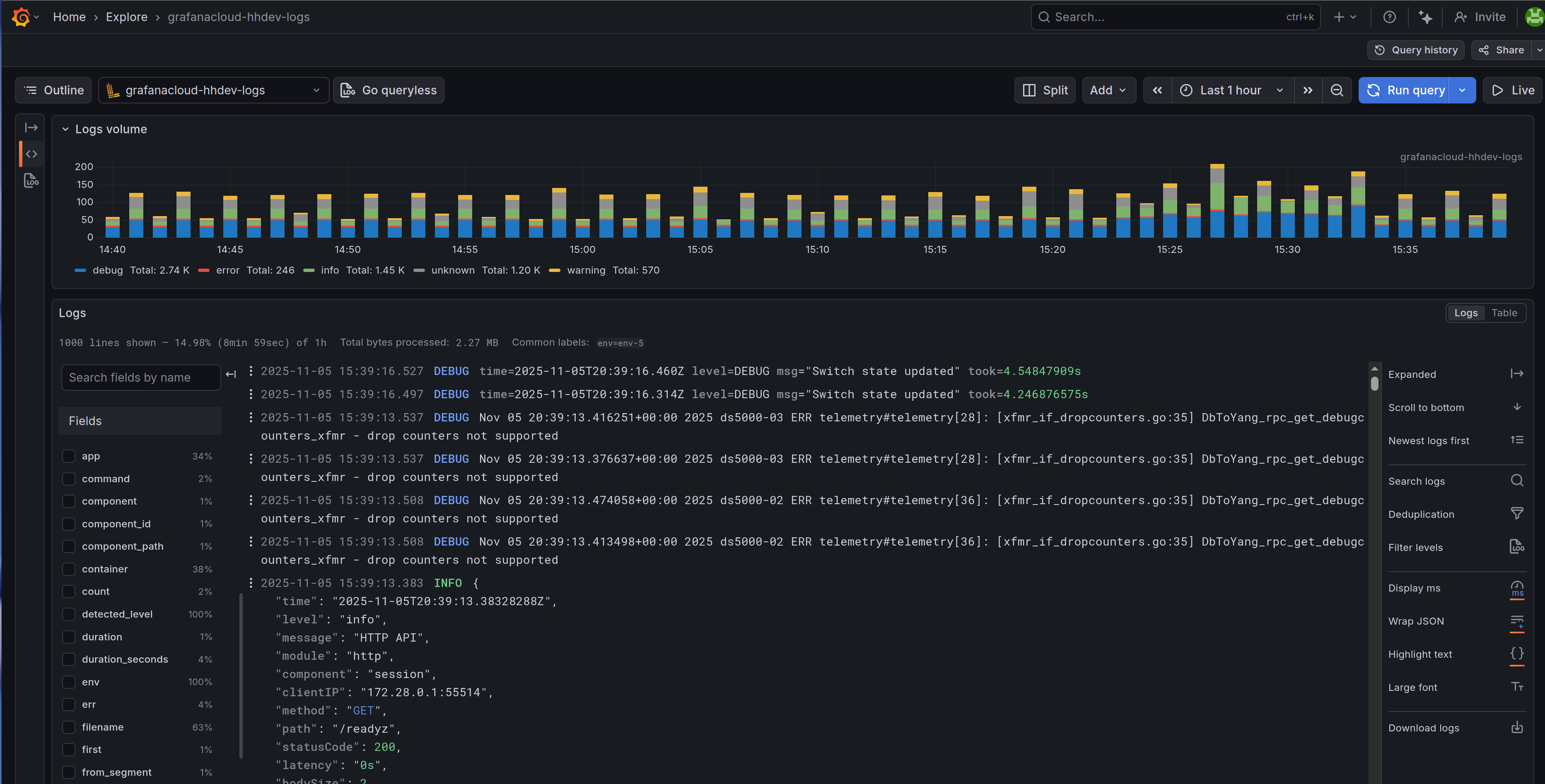 Screenshot of grafana logs explore page.